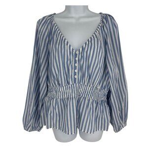 J. Crew Striped V-Neck Smocked Waist Long Sleeve Blouse Women's Size L